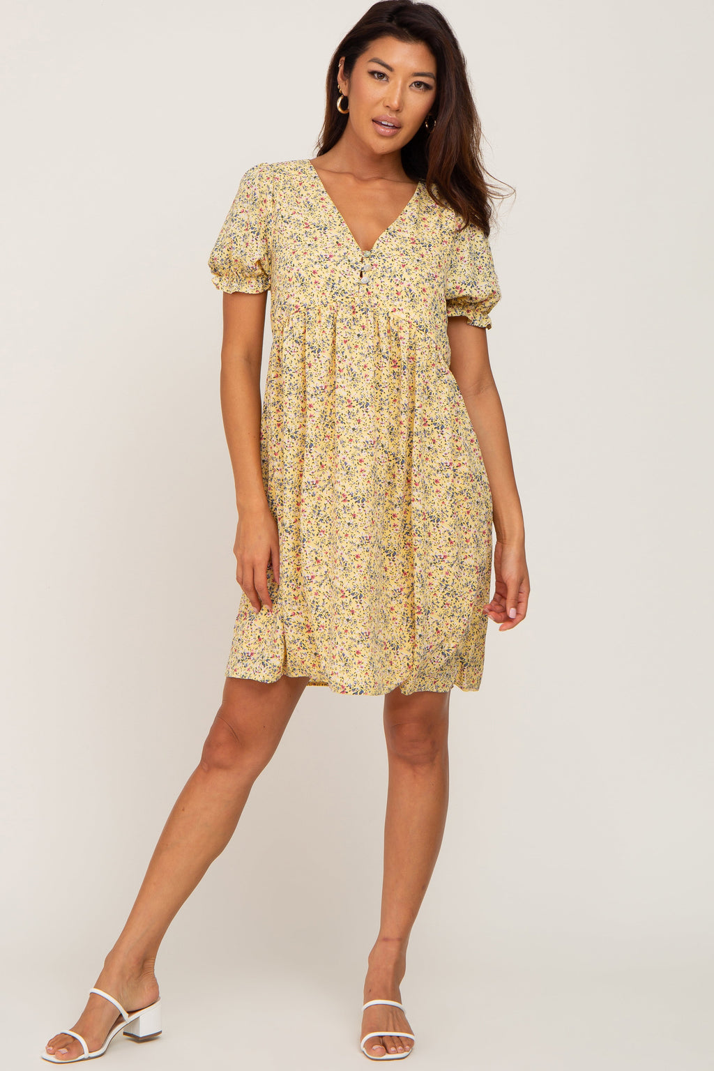 Yellow Floral V-Neck Button Front Mini Dress - Image 5