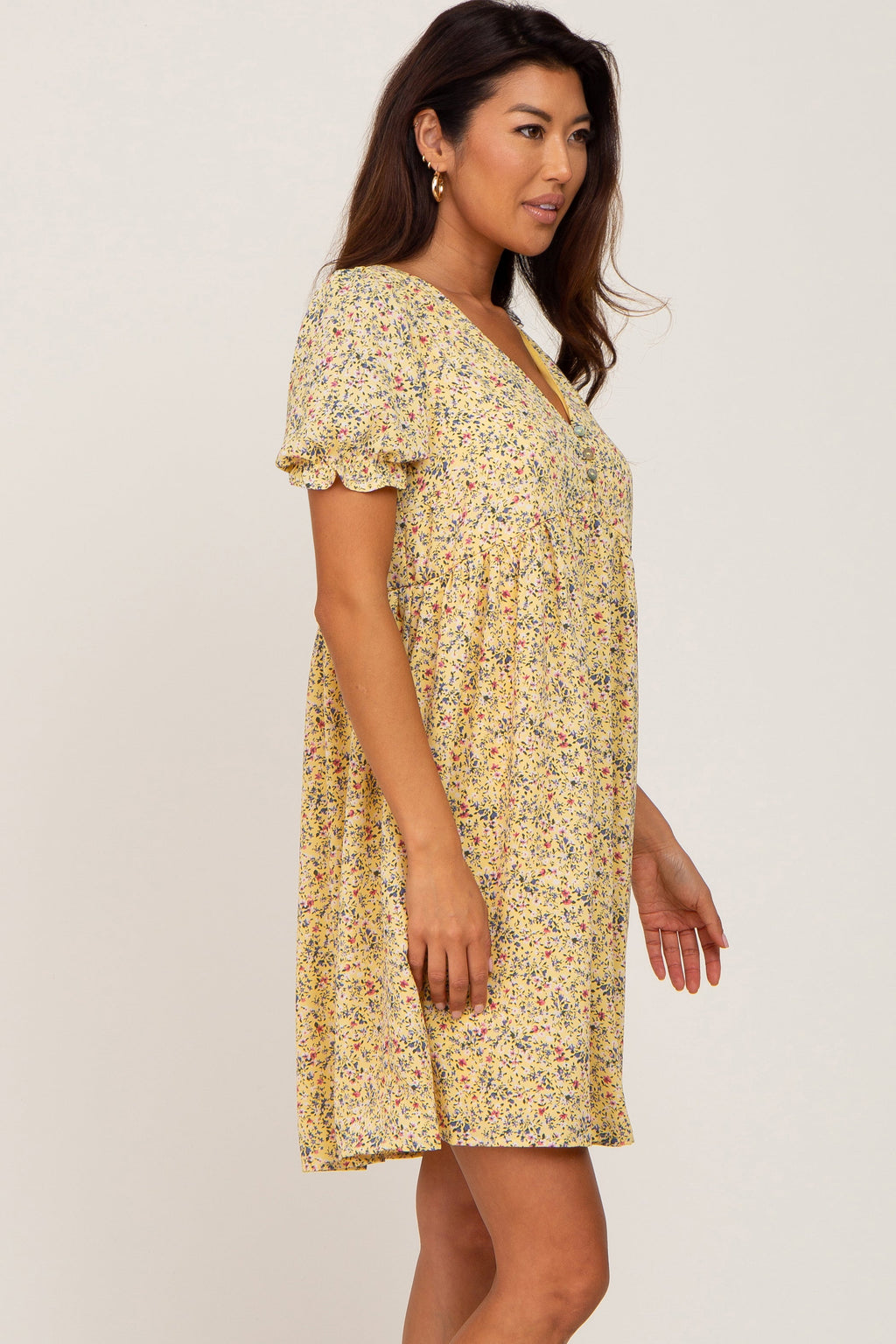 Yellow Floral V-Neck Button Front Mini Dress - Image 2