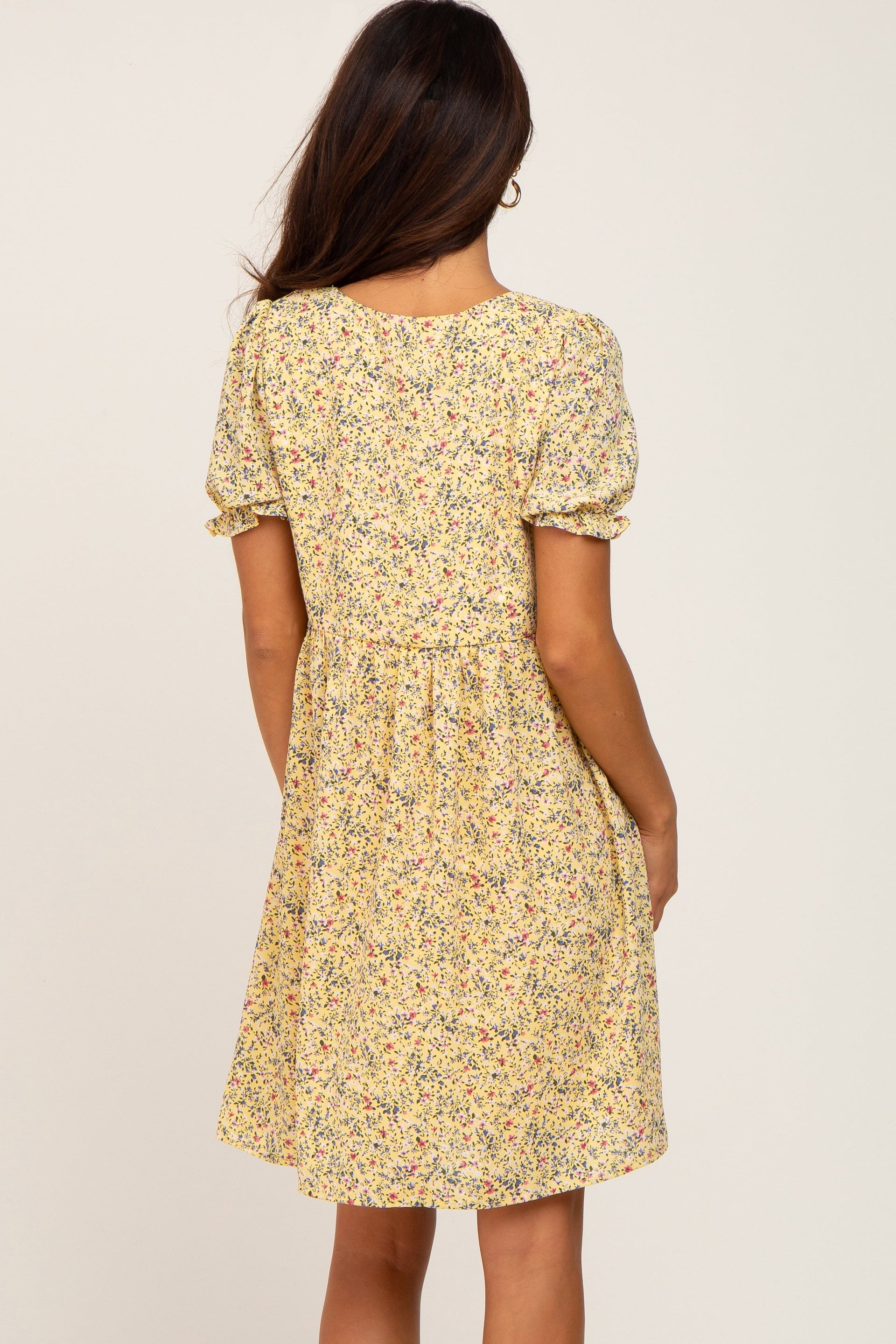 Yellow Floral V-Neck Button Front Mini Dress - Image 3