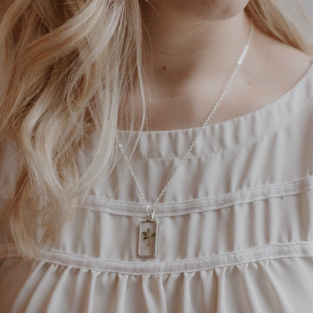 Large Rectangle Botanical Pendant Necklace Gold Silver