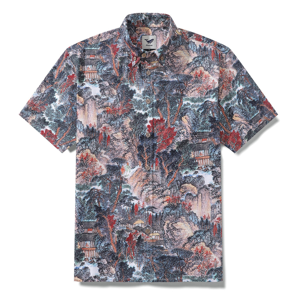 Men's Hawaiian shirt with ink wash mountain landscape print in 1950s vintage style