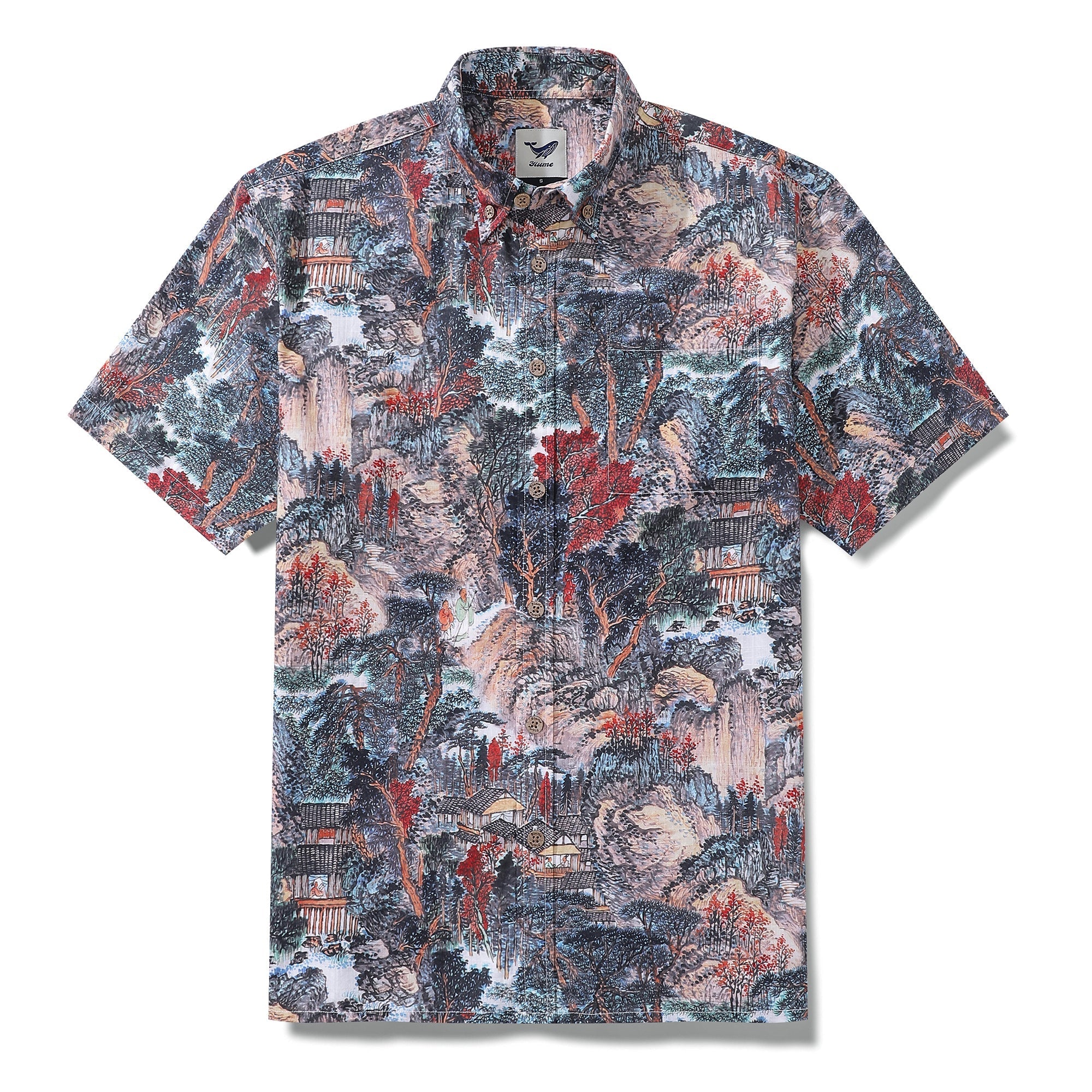 Men's Hawaiian shirt with ink wash mountain landscape print in 1950s vintage style