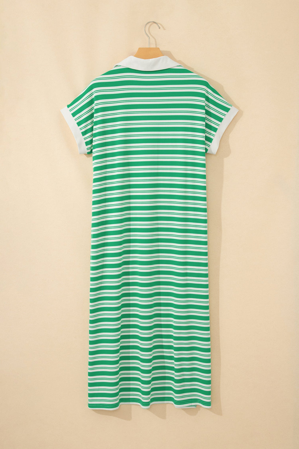 Stripe Collared V-Neck Midi Dress Short Sleeve Shift Dress