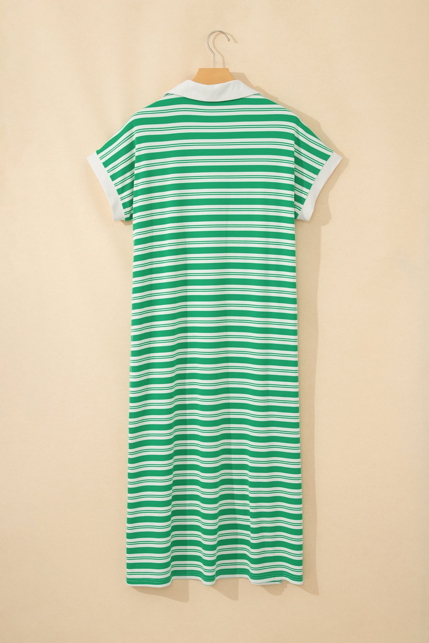 Stripe Collared V-Neck Midi Dress Short Sleeve Shift Dress