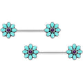 14G 9/16 Blue Faux Opal Flower Teal Petals Barbell Nipple Ring Set