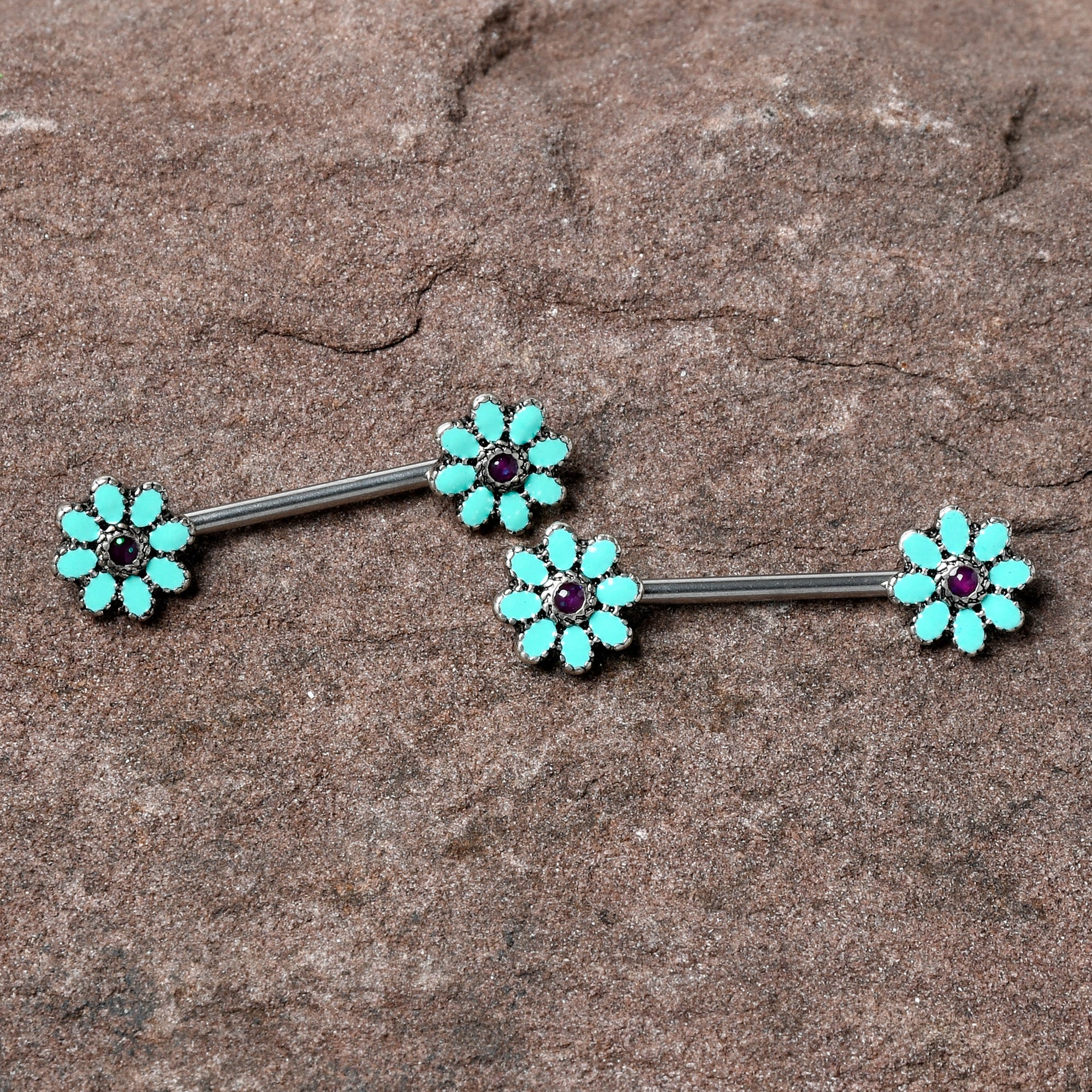 14G 9/16 Blue Faux Opal Flower Teal Petals Barbell Nipple Ring Set