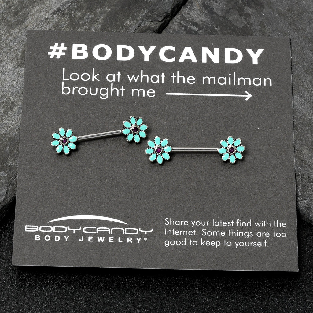 14G 9/16 Blue Faux Opal Flower Teal Petals Barbell Nipple Ring Set