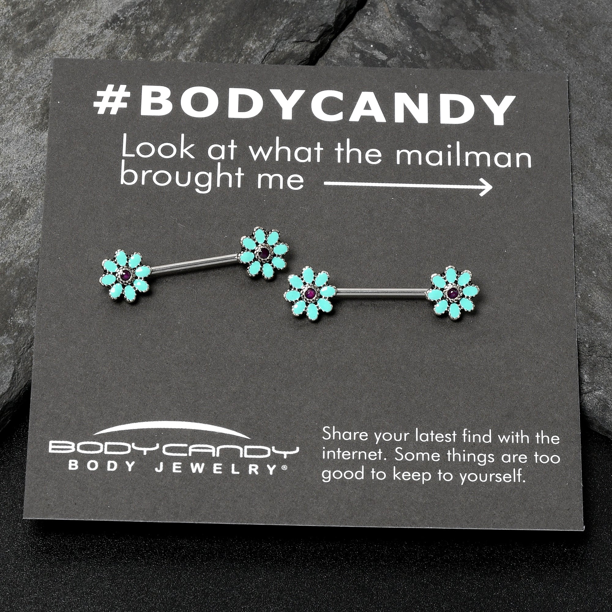 14G 9/16 Blue Faux Opal Flower Teal Petals Barbell Nipple Ring Set