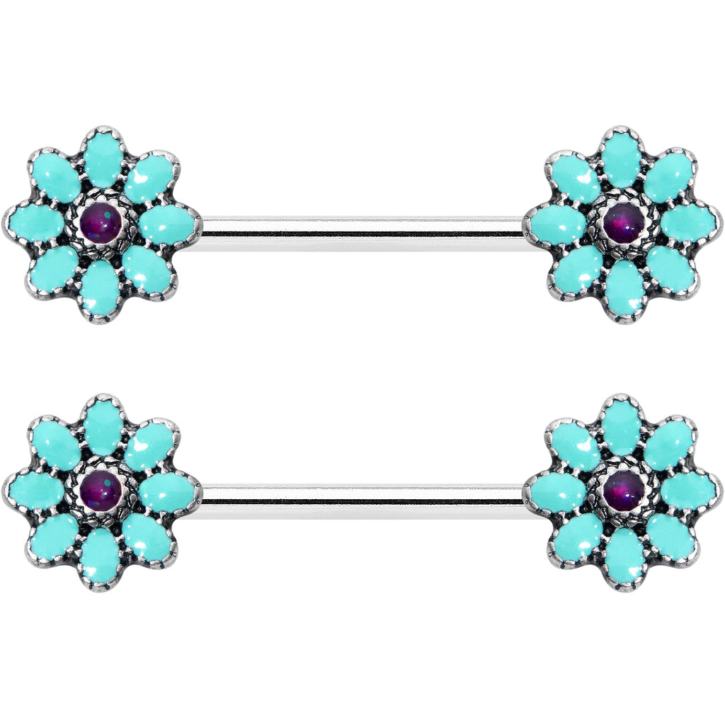 14G 9/16 Blue Faux Opal Flower Teal Petals Barbell Nipple Ring Set