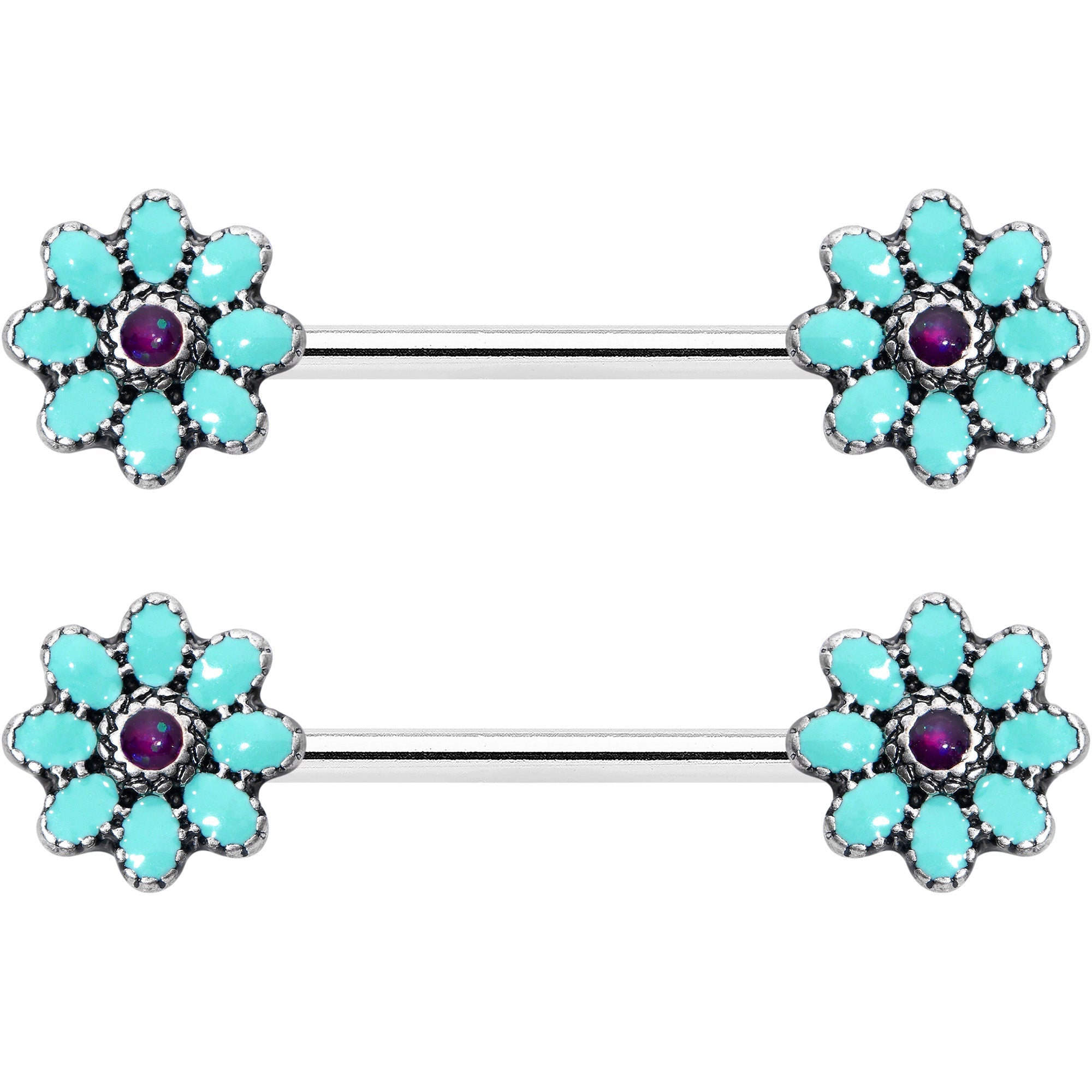 14G 9/16 Blue Faux Opal Flower Teal Petals Barbell Nipple Ring Set