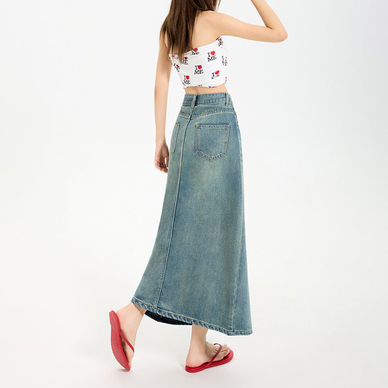 Women's High Waist Slit A-Line Denim Maxi Skirt - Vintage Wash - Image 4