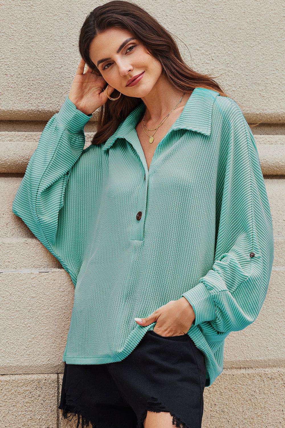 Corded Knit Roll-Up Sleeve Collared Henley Top