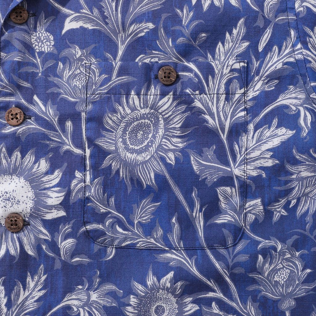 Blue and White Porcelain Sunflower Shirt Short Sleeve Cotton