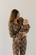 Women's long sleeve bamboo pajama set in brown and white print with button-down top and flare pants