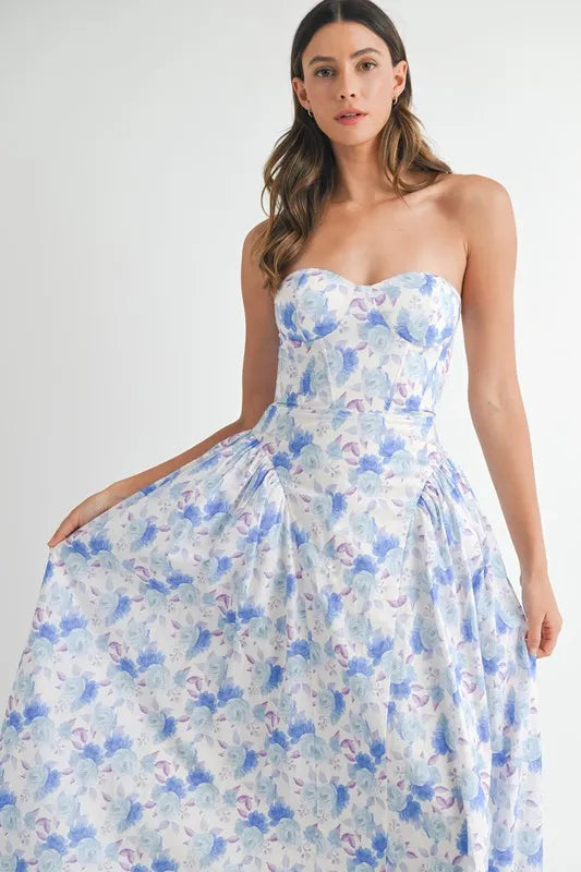 Sweetheart Neckline Floral Midi Dress in White and Blue