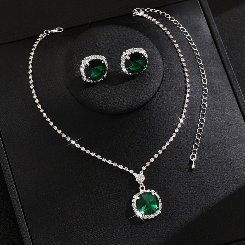 Cross-Border Dropshipping Niche Design Emerald Glass Crystal Necklace Earrings Clavicle Chain Birthday Dinner Jewelry