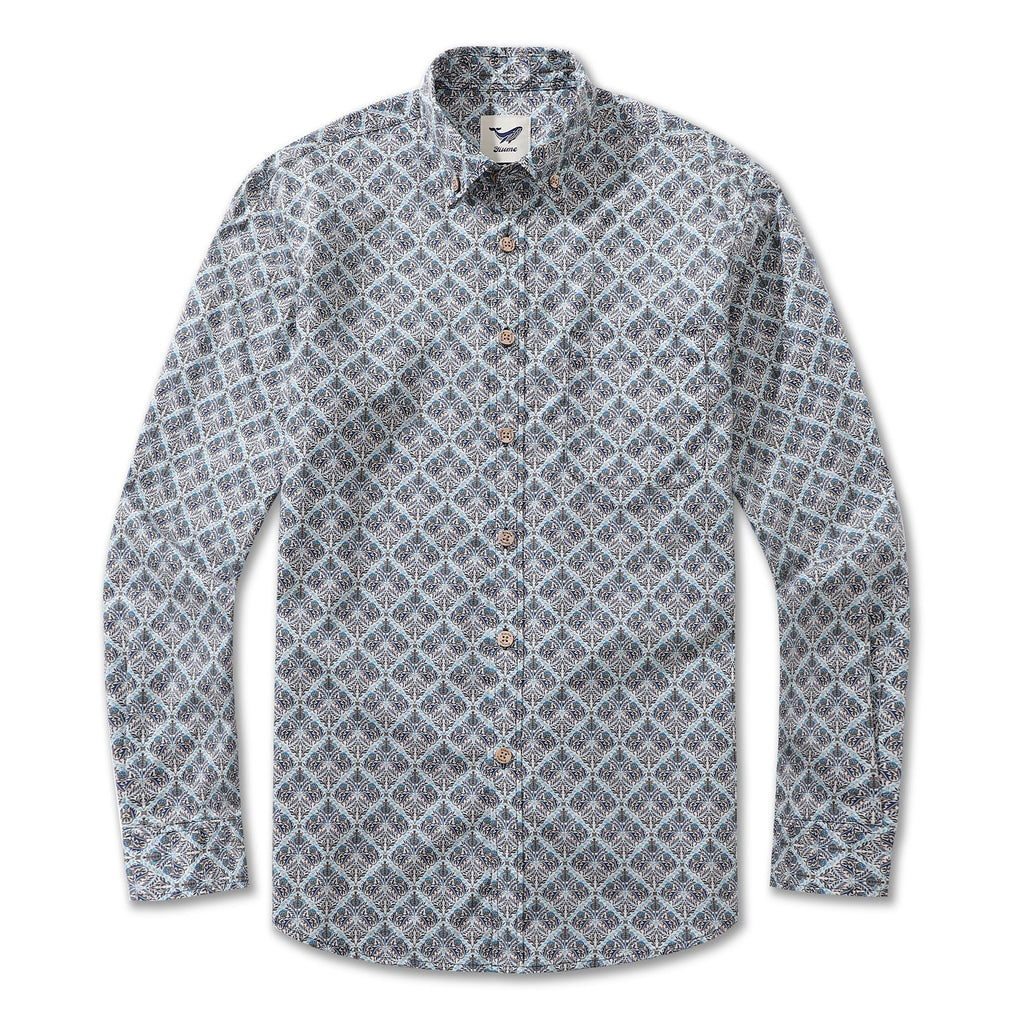 Men wearing a long sleeve floral button-down Hawaiian shirt with a painterly pattern.