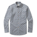 Men wearing a long sleeve floral button-down Hawaiian shirt with a painterly pattern.
