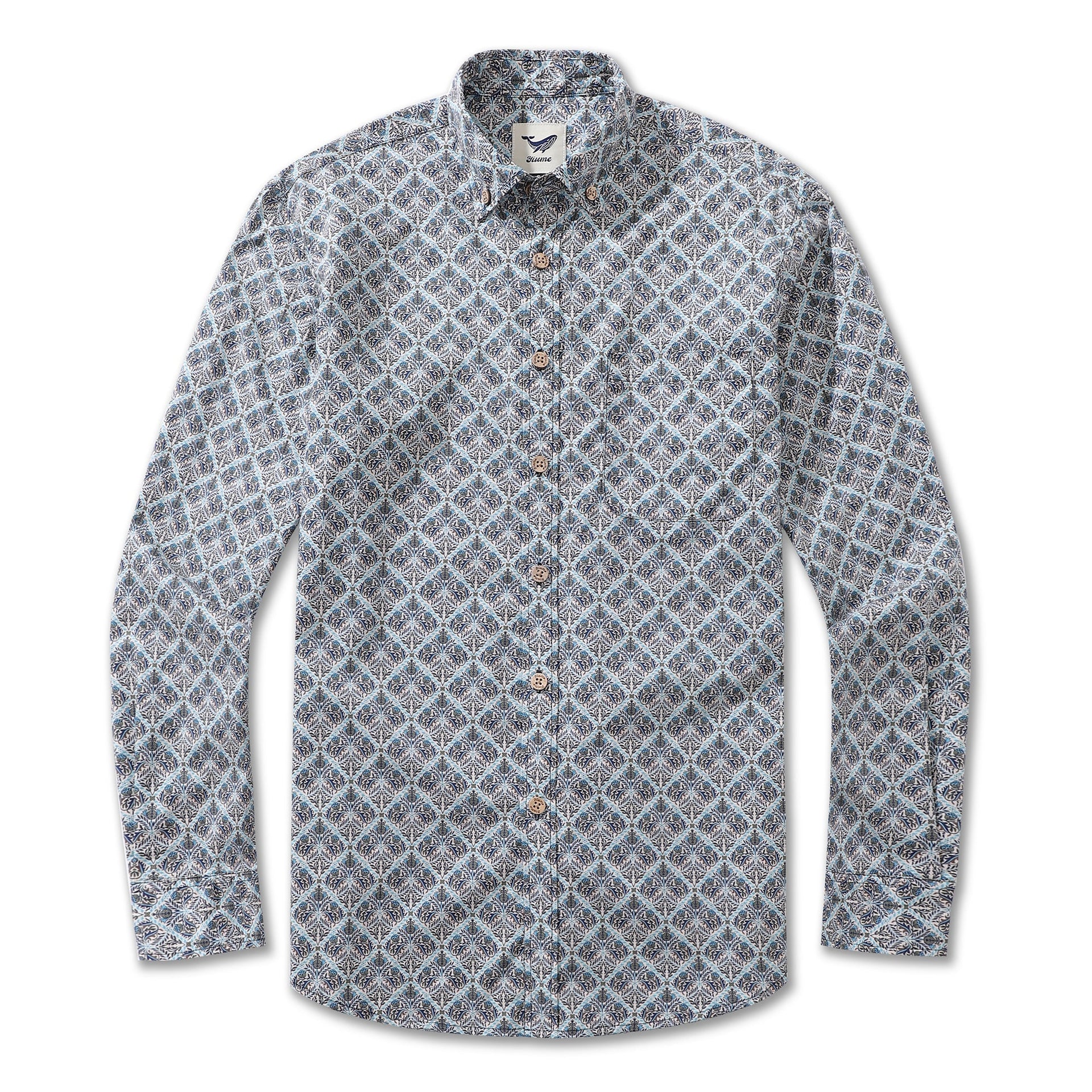 Men wearing a long sleeve floral button-down Hawaiian shirt with a painterly pattern.