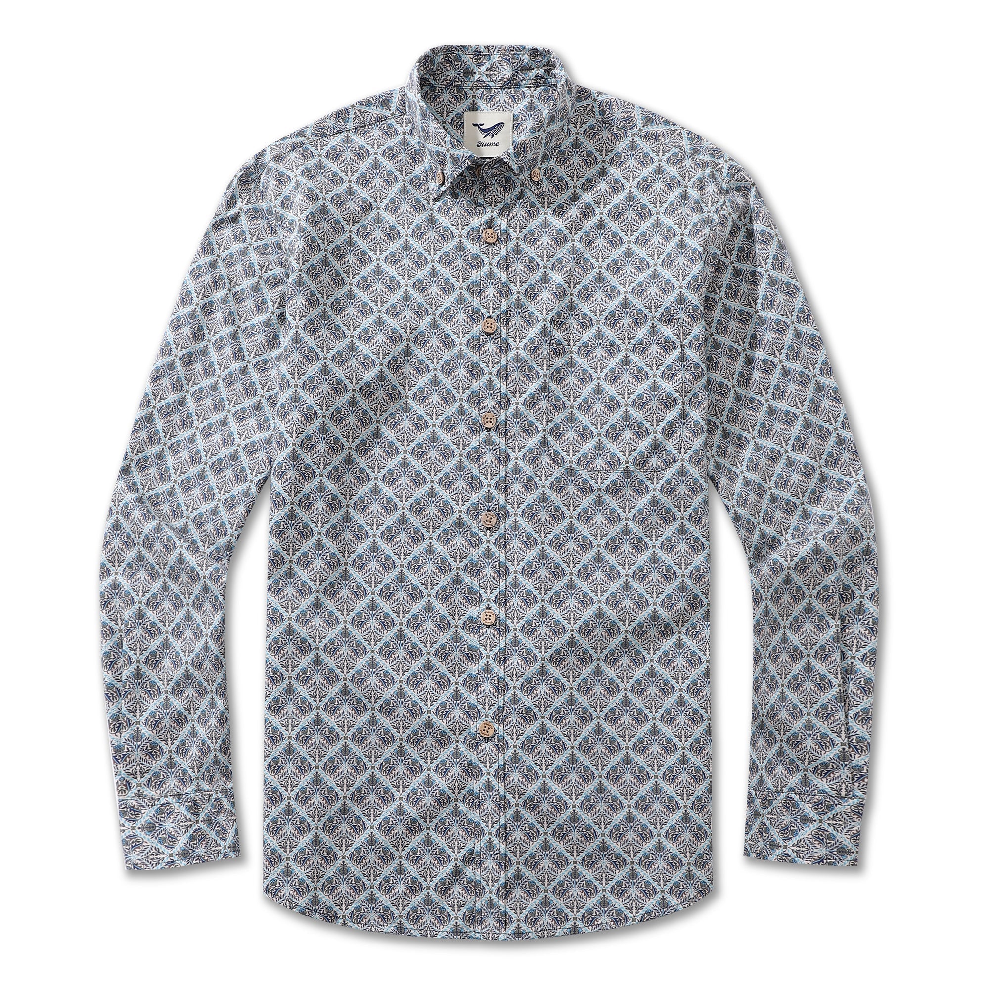 Men wearing a long sleeve floral button-down Hawaiian shirt with a painterly pattern.