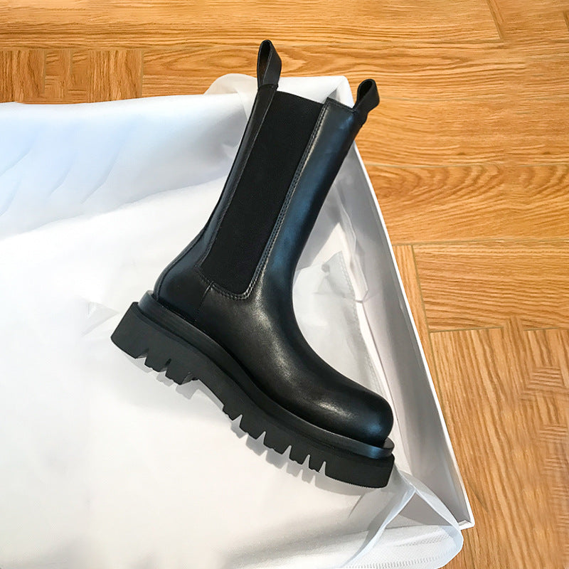 Women’s British-Style Mid-Calf Leather Boots with Thick Sole