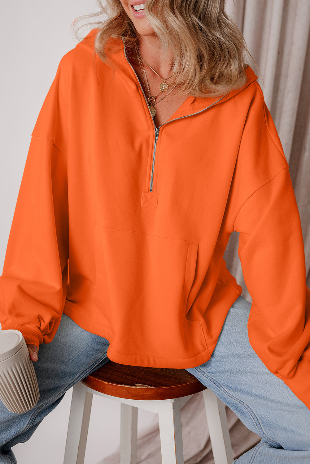 Orange Half Zipper Hoodie with Kangaroo Pockets | Drop Shoulder