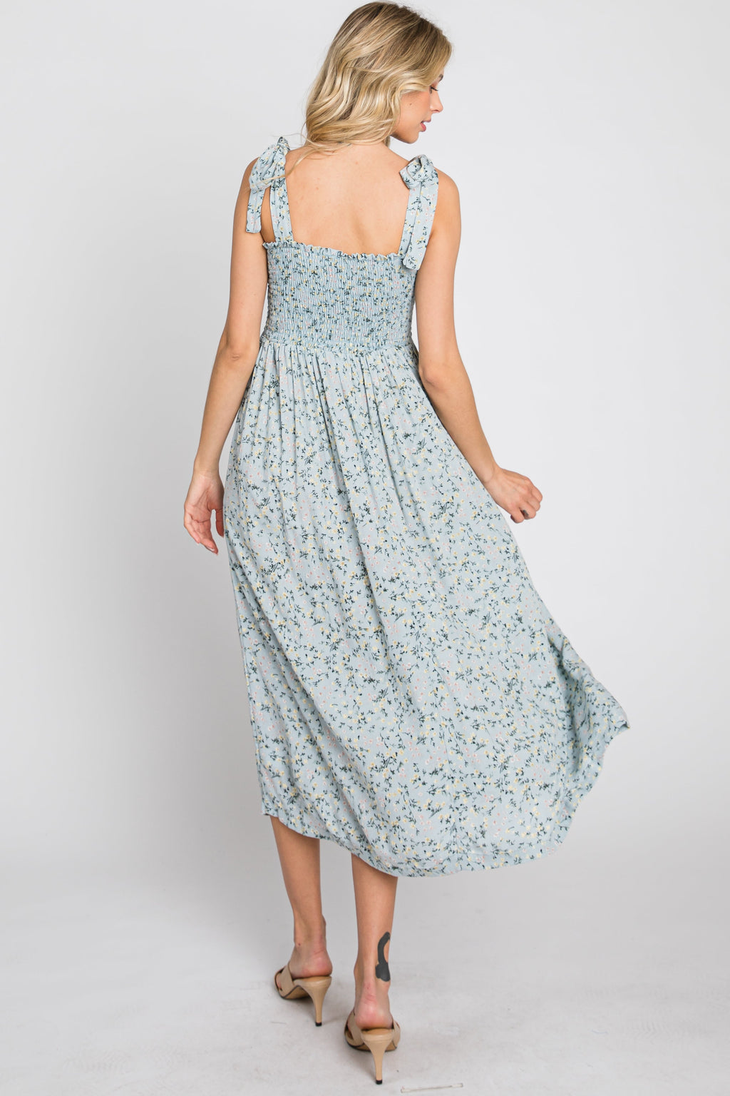 Light Blue Floral Smocked Tie Strap Midi Dress