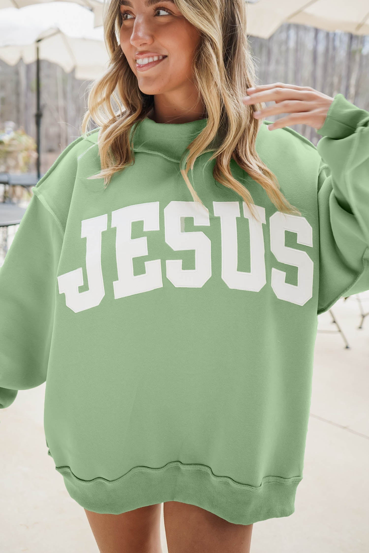 Orchid Bouquet JESUS Letter Print Exposed Seam Mock Neck Baggy Sweatshirt