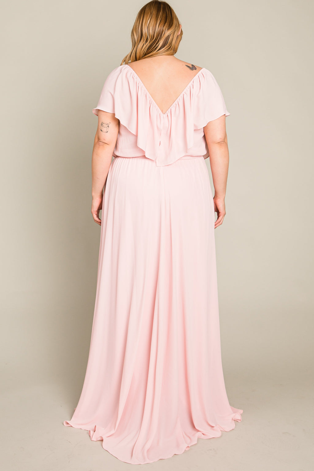 Light Pink Chiffon Off Shoulder Plus Gown