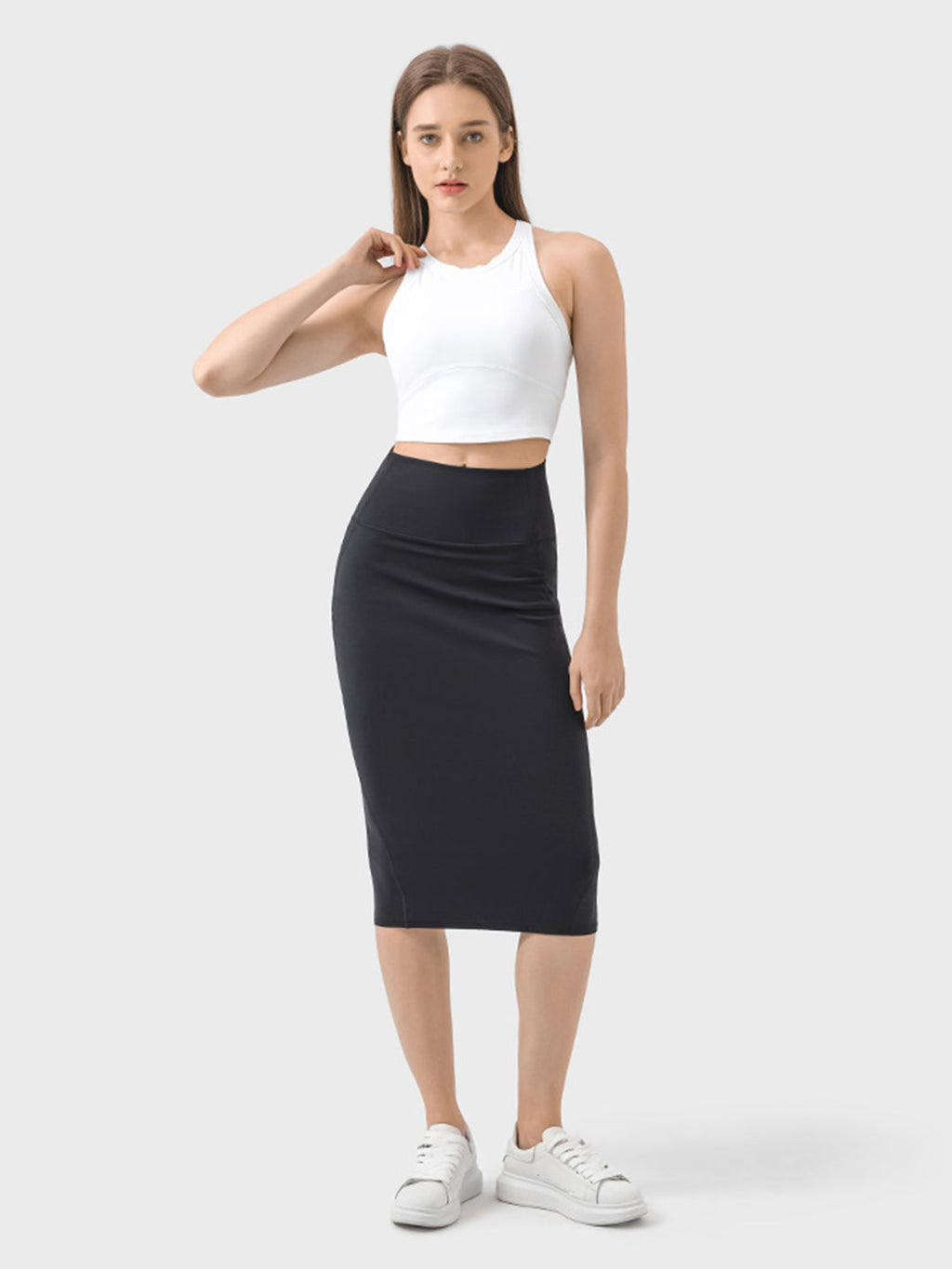 Brown Slit Wrap Active Skirt Stretchy Midi Athletic Skirt - Image 10