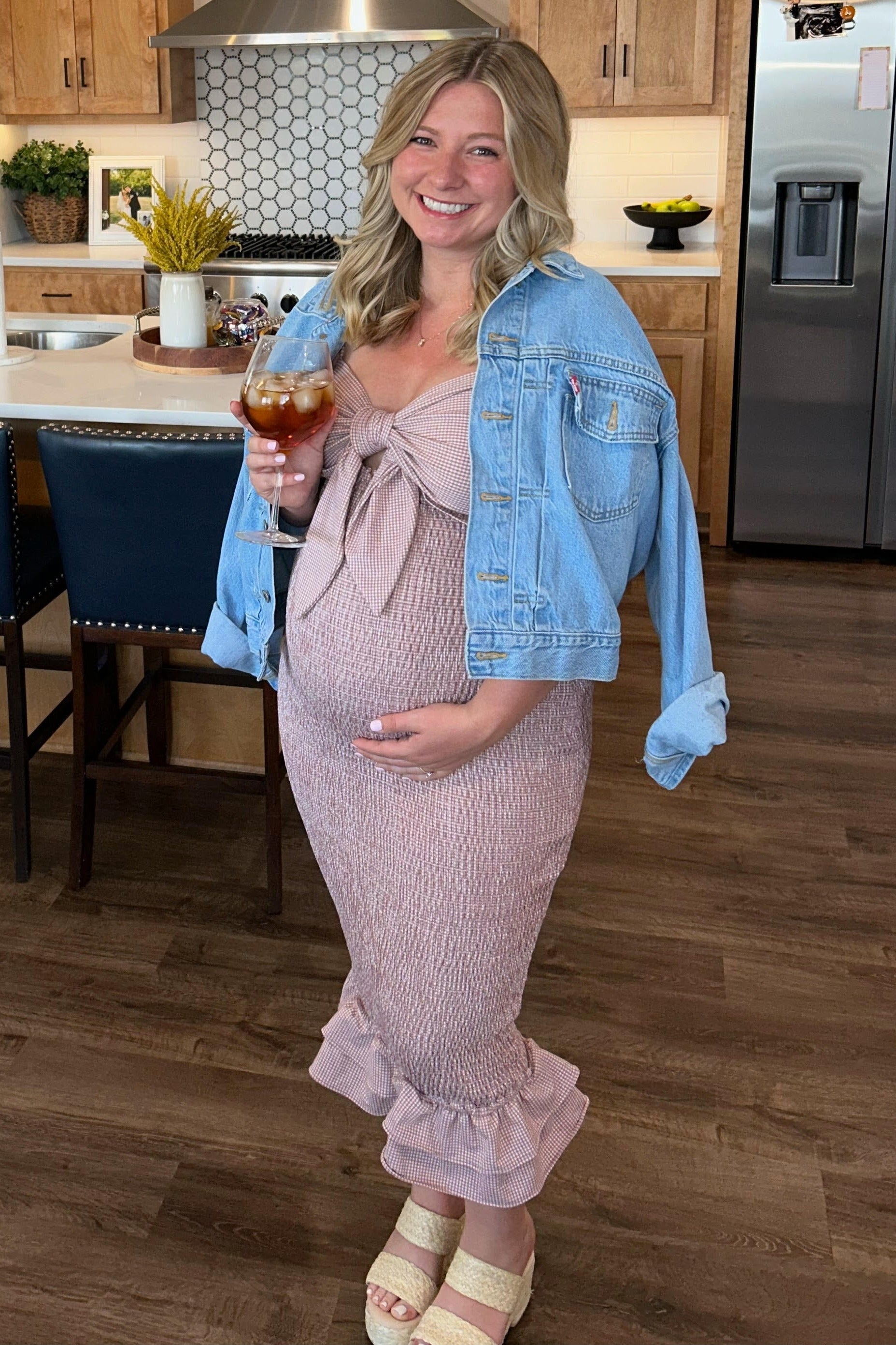 Mauve Gingham Print Smocked Fitted Self-Tie Maternity Midi Dress
