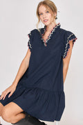 Dark navy cotton dress with feminine ruffled and scalloped sleeves