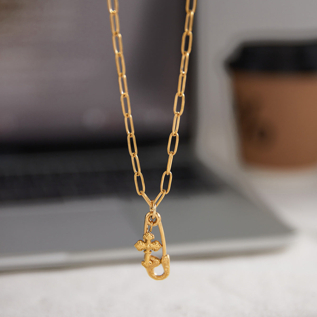 Gold Stainless Steel Paperclip Link Chain Necklace, Modern Minimalist
