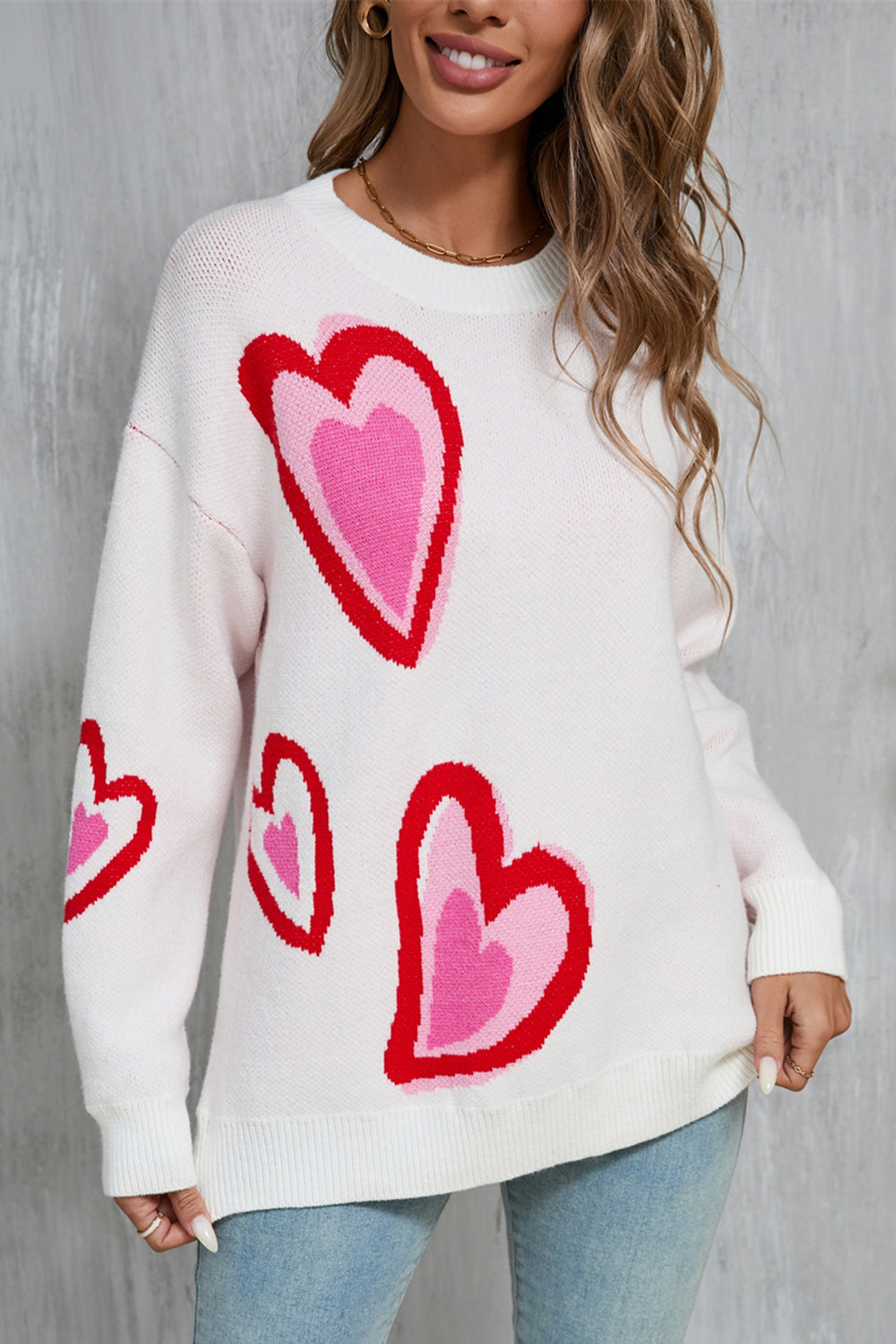 White Pink and Red Heart Print Long Sleeve Crew Neck Sweater - Image 2