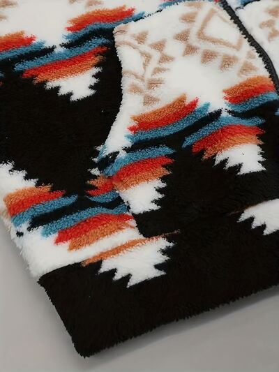 Geometric Print Sherpa Zip-Up Jacket with Hood and Pockets