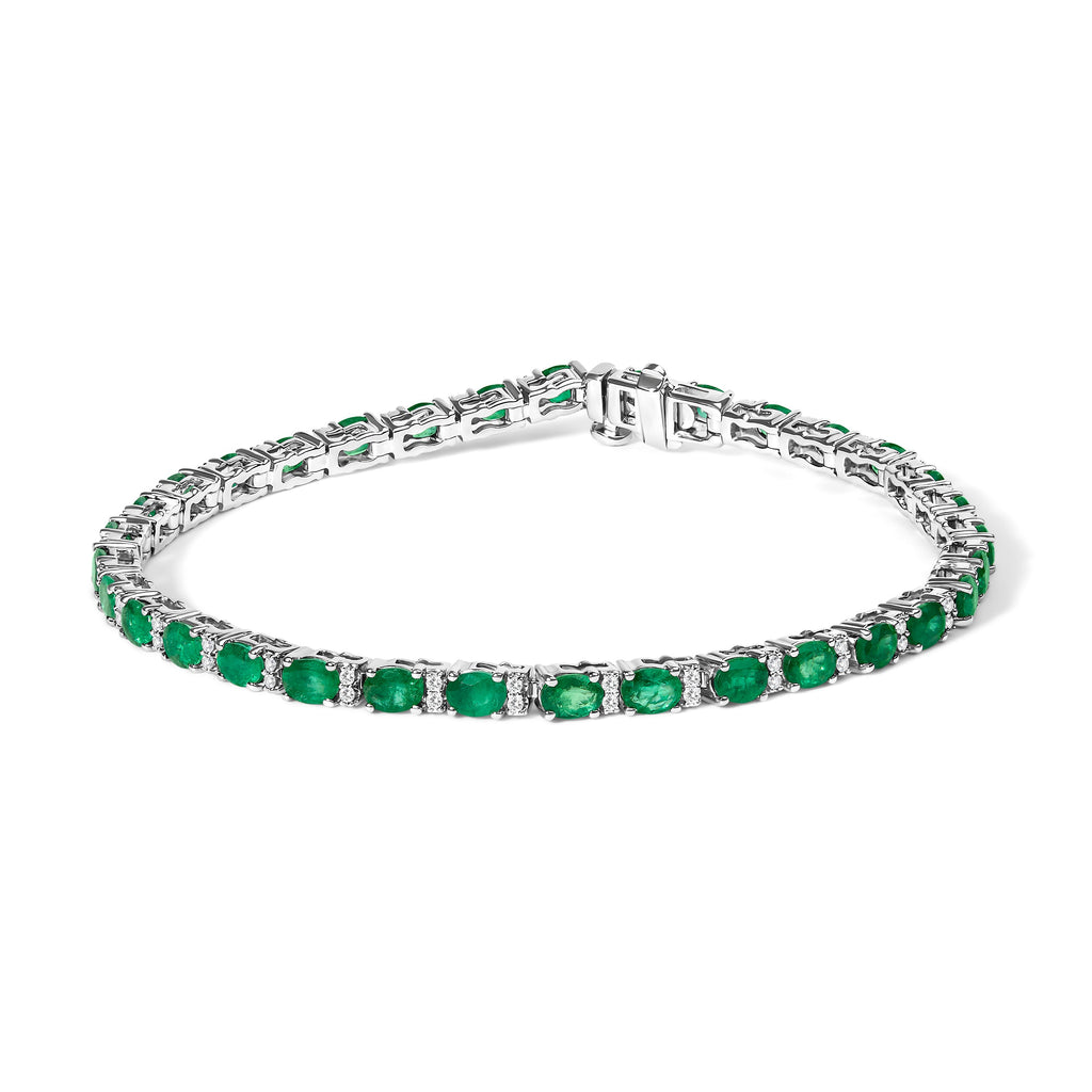14K White Gold Alternating Oval Green Emerald and Diamond Tennis Bracelet
