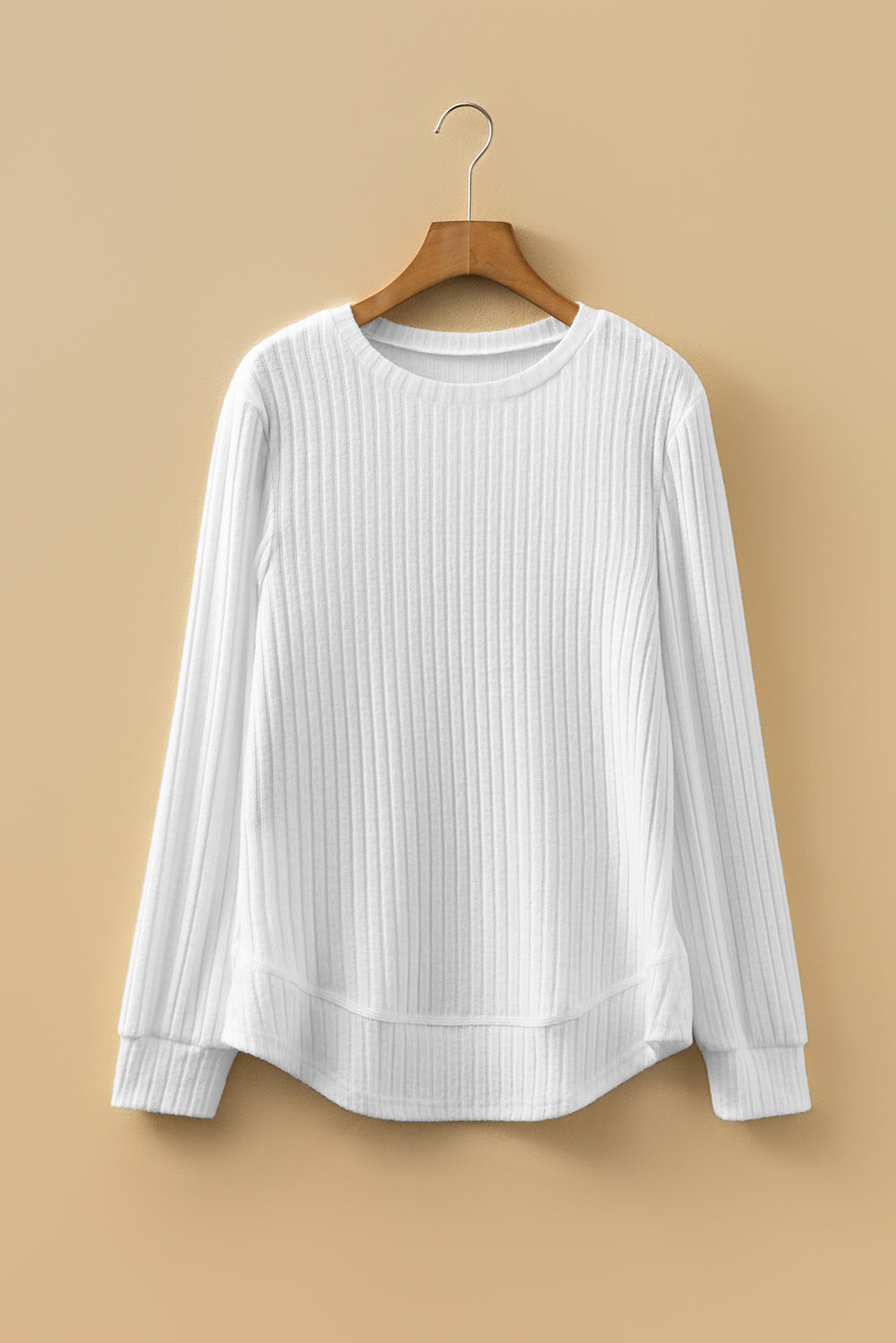 Women's Ribbed Knit Round Neck Top in Beige and White