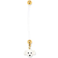 A white puppy dog charm hanging from a flexible clear PTFE pregnancy belly ring barbell with gold-tone balls.