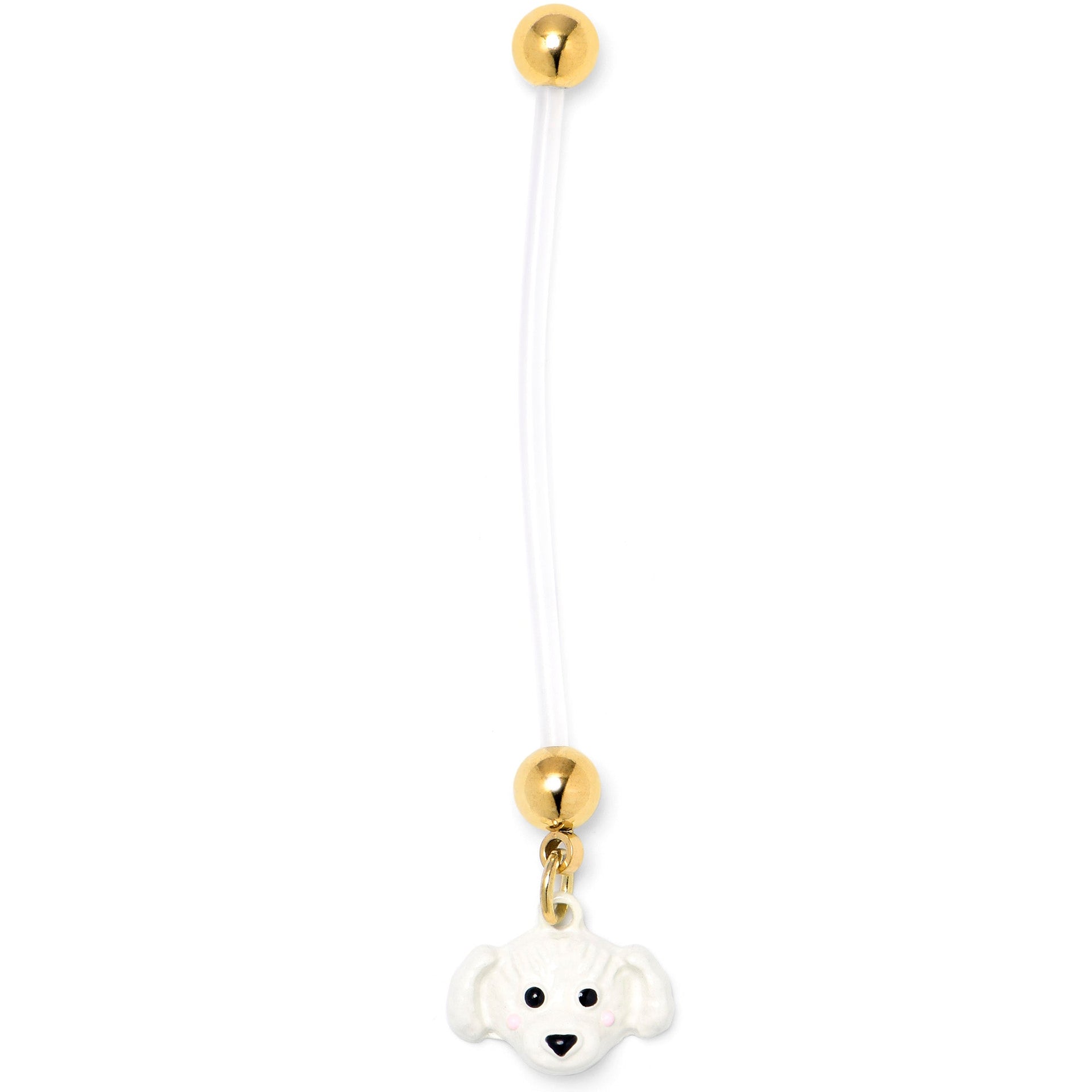 A white puppy dog charm hanging from a flexible clear PTFE pregnancy belly ring barbell with gold-tone balls.