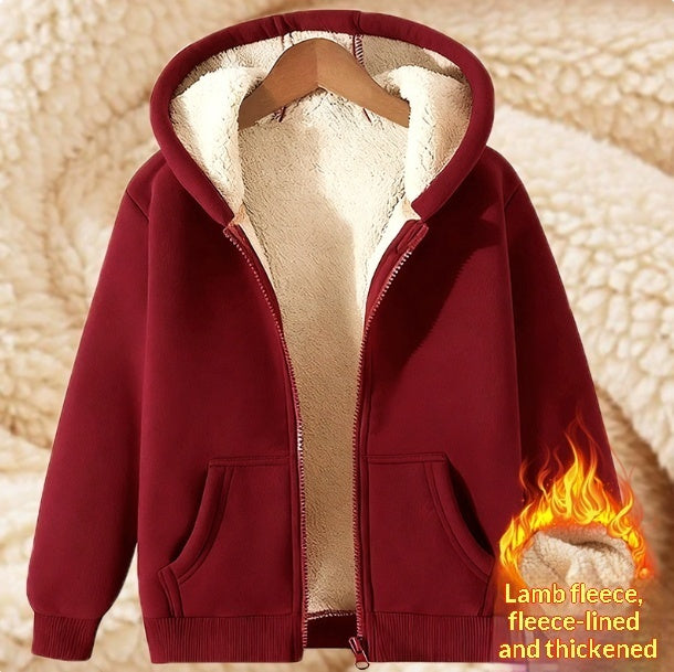 Cozy Lambswool Lined Zip Up Hoodie in Black and Red - Image 8