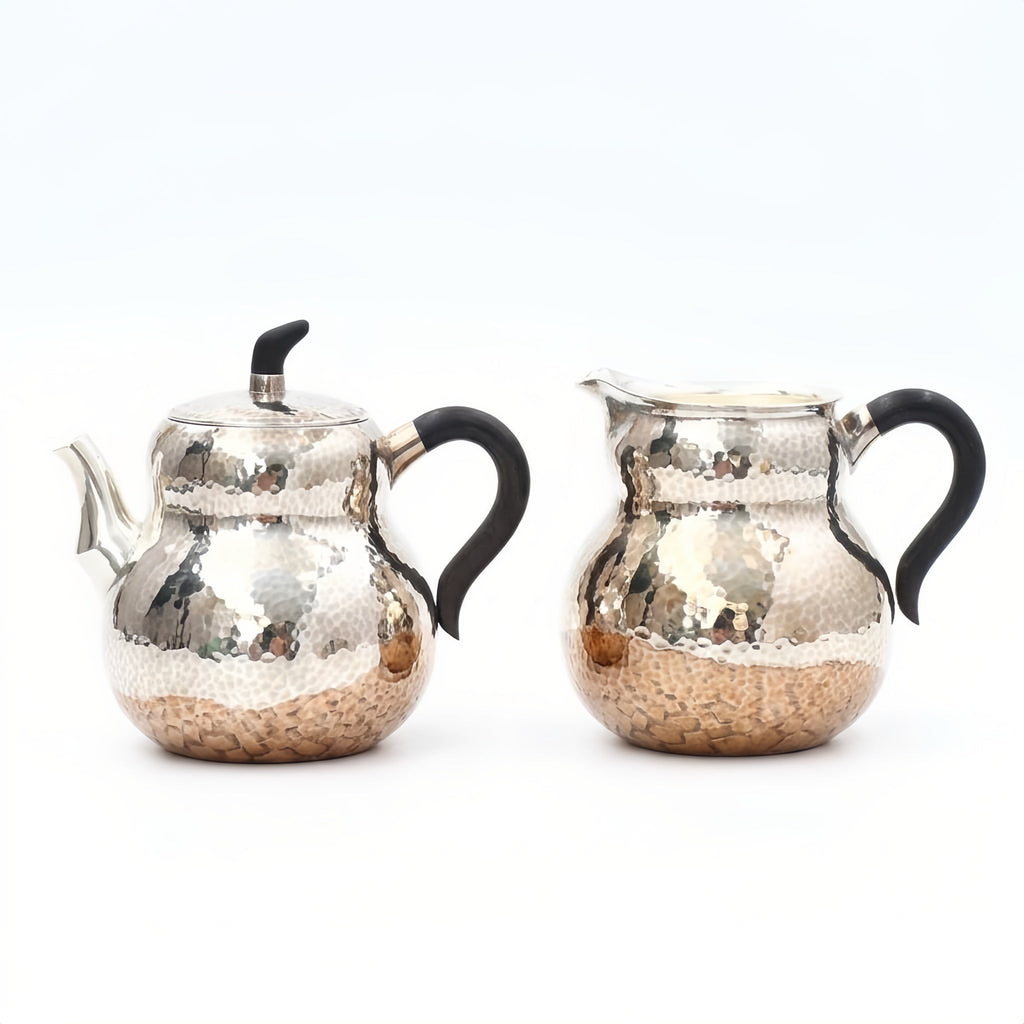 Hand-Hammered Fine Silver Teapot and Creamer Set with Black Handles