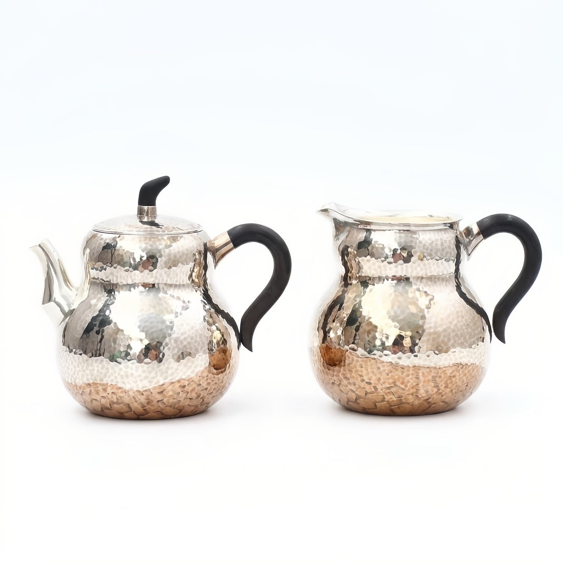 Hand-Hammered Fine Silver Teapot and Creamer Set with Black Handles