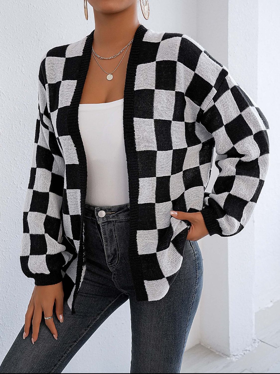 Black and White Checkered Cardigan - Checkered Open Front Long Sleeve Cardigan