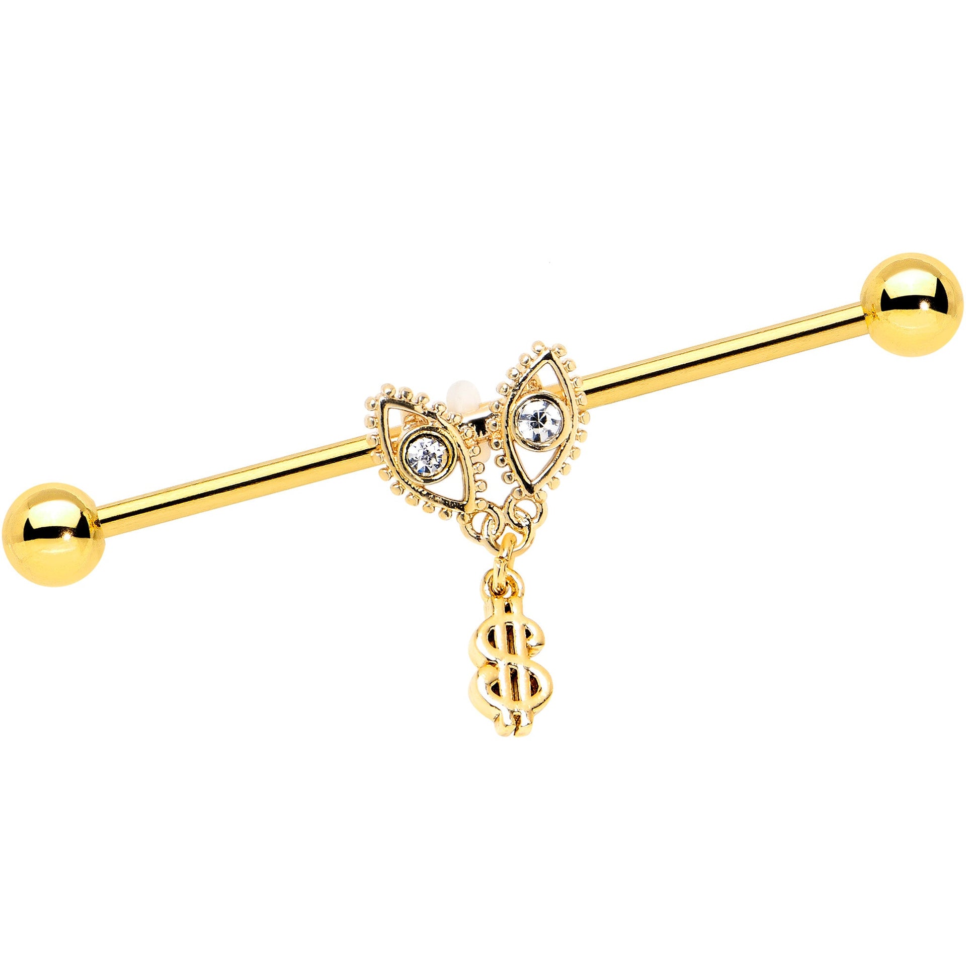 14G Clear Gem Gold Hue Seeing Money Dangle Industrial Barbell 38mm