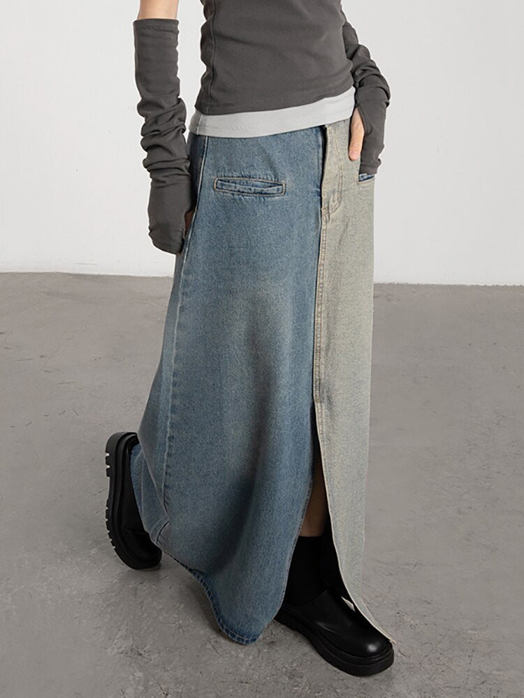 Women's Vintage Color Block Denim Maxi Skirt with Pockets