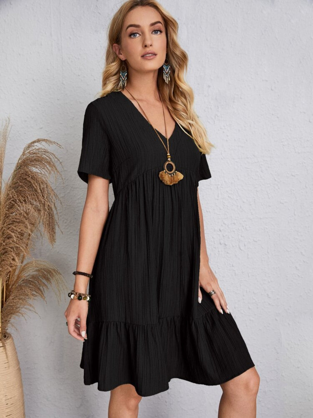Classic V-Neck Short Sleeve Casual Midi Dress