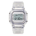 Transparent resin digital watch with a round dial and black PU strap on a white background.