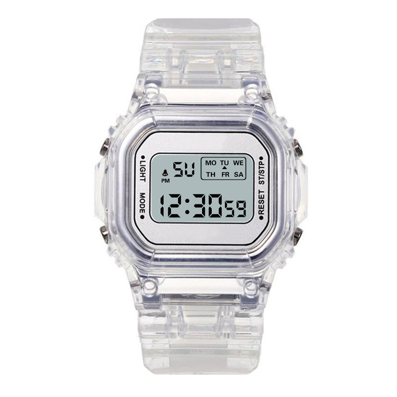 Transparent resin digital watch with a round dial and black PU strap on a white background.