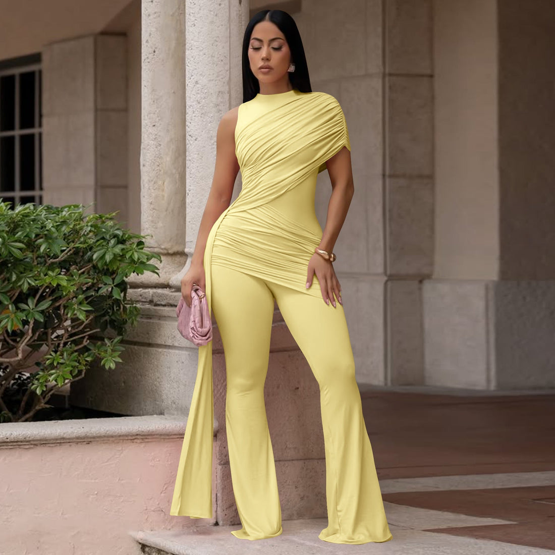 Women's Asymmetric Pleated Flare Jumpsuit High Waist One Piece - Image 6