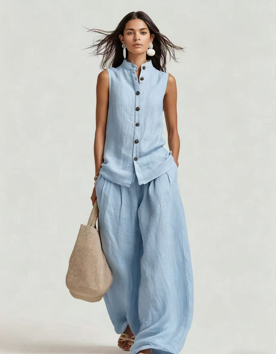 Sleeveless Stand Collar Top and Wide-Leg Pants Set - Image 8